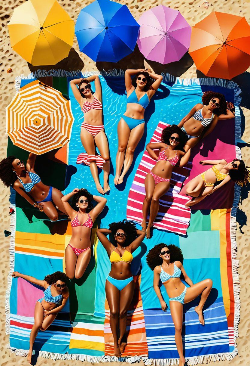A serene beach scene featuring diverse individuals confidently embracing their unique body shapes. Vibrant sunbathers of all sizes lounging on colorful beach towels, showcasing self-love and positivity. The warm sun illuminates the playful waves, while beach umbrellas in bright hues add to the joyful atmosphere. A distant view of a group laughing together, celebrating friendship and acceptance. digital art. vibrant colors. high detail.