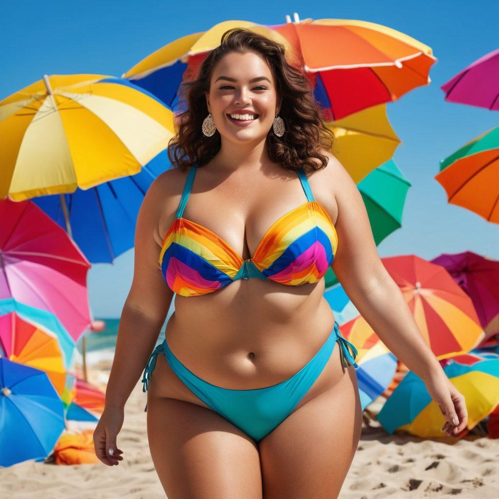 A confident plus-size woman joyfully trying on different vibrant bikini styles at the beach, surrounded by colorful beach umbrellas and soothing waves, celebrating body positivity. Include a diverse mix of body shapes and sizes in the background showcasing a variety of bikini fashions, with bright sunshine and a clear blue sky. super-realistic. vibrant colors. sunny beach setting.